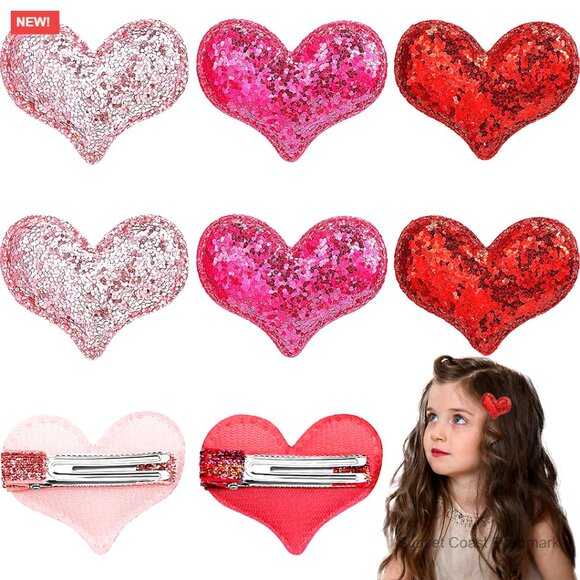 Accessories - Glitter Sequin Heart Hair Clips Set of 9 Valentine's Day Party Accessories